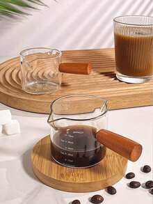 1pc Wooden Handle Glass Measuring Cup, Dual Spout Milk Pitcher, Kitchen Bar Restaurant Tool, Heat-Resistant Coffee Milk Cup, Italian Glass Coffee Measuring Cup, Latte Cup - Multicolor - View 4