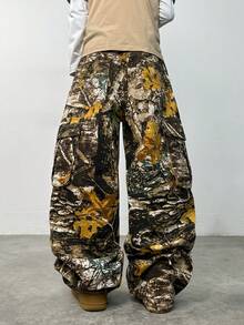 1pc Justice Brother Retro Multi-Pocket Personalized Print Men's Distressed Loose Wide-Leg Jeans (Belt And Accessories Not Included) - Multicolor - View 4