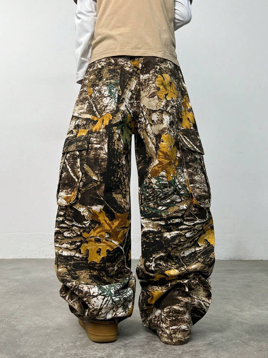 1pc Justice Brother Retro Multi-Pocket Personalized Print Men's Distressed Loose Wide-Leg Jeans (Belt And Accessories Not Included) - Multicolor - View 1