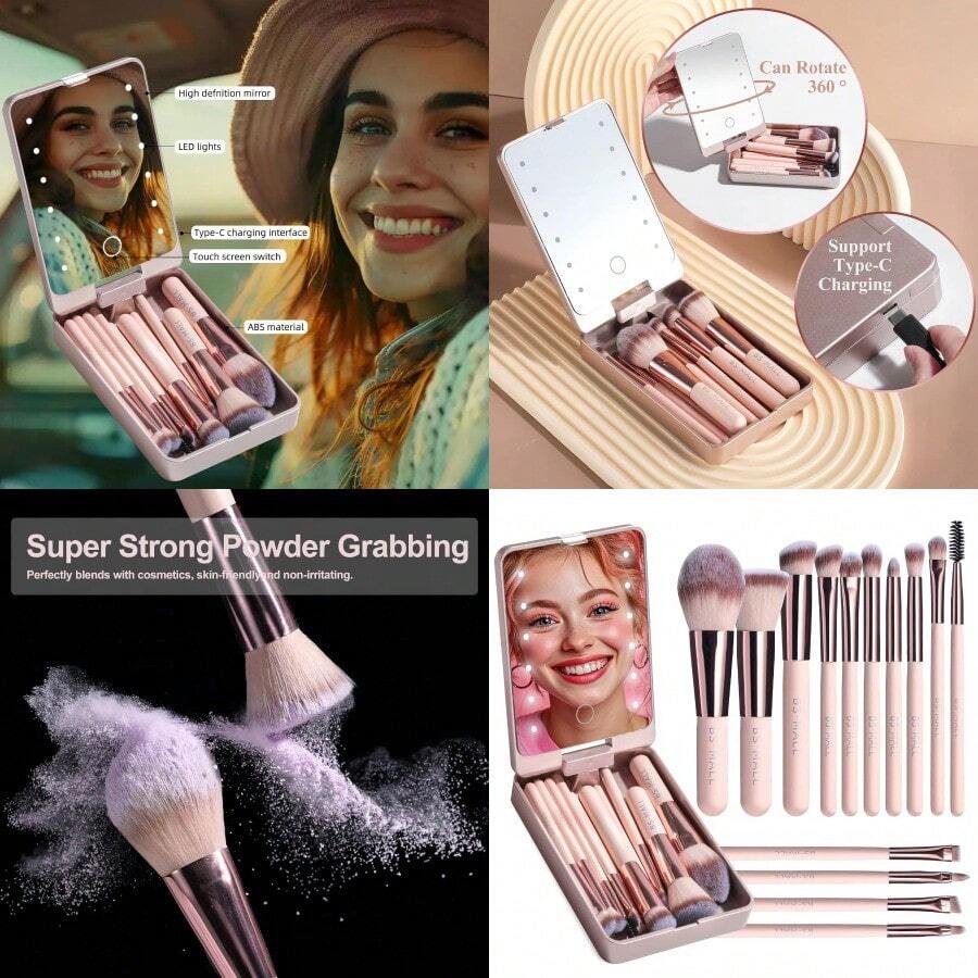 Makeup Brushes Foundation Powder Concealers Eye Shadows Makeup Set With LED Light Mirror 14 Pcs Mini Makeup Brushes APINK - BlackWhitePink - View 1
