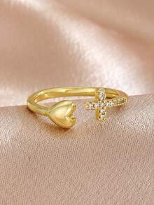 1pc Exquisite Sparkling Pave Zirconia Heart & Cross Ring For Kids Fashion Delicate Party Banquet Vacation Shopping Dates Christmas Birthday Jewelry Gift For Daily Casual - Gold - View 7