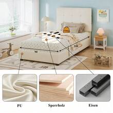 Lit de grande taille pour enfant sécurisé, design biscuit – Avec tête de lit douillette, barrières en mousse anti-choc, construction composite – 90x200 cm, couleur beige (Vendu sans matelas) - défaut - Voir 6