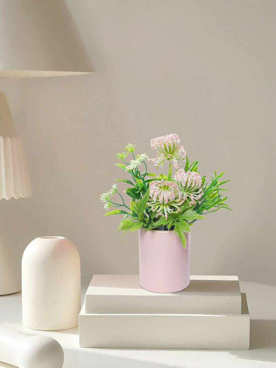 1pc Artificial Synthetic Flower Pink Aesthetic Decorative Piece, Suitable For Valentine's Day, Wedding Party, Party Scene Decoration, Decoration For Family Living Room Table, Bookshelf Or Window Sill, Outdoor Garden And Party Atmosphere Potted Plant Decorative Piece - Pink - View 1