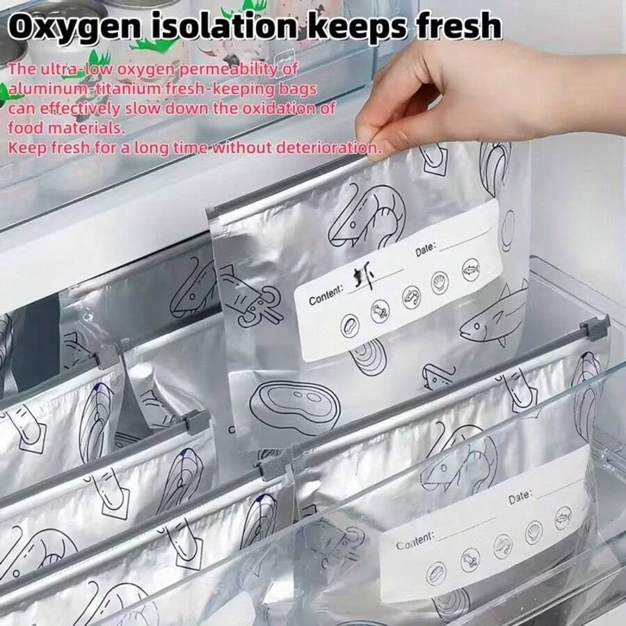 10个可重复使用的铝箔冰箱保鲜袋，适用于冰箱或冷冻室，3种尺寸的自封袋，可用于存放水果、蔬菜、肉类、谷物、坚果、零食等，食品保鲜，厨房用品，图案随机 - 彩色 - 查看 1