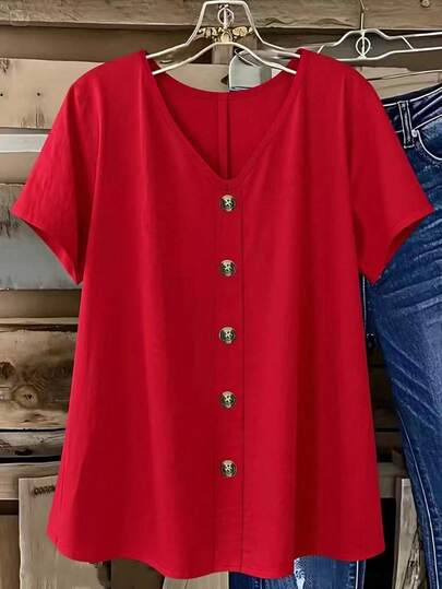 Damskjorta med V-ringning och kortärmad knappdetalj i plusstorlek, vårmodell