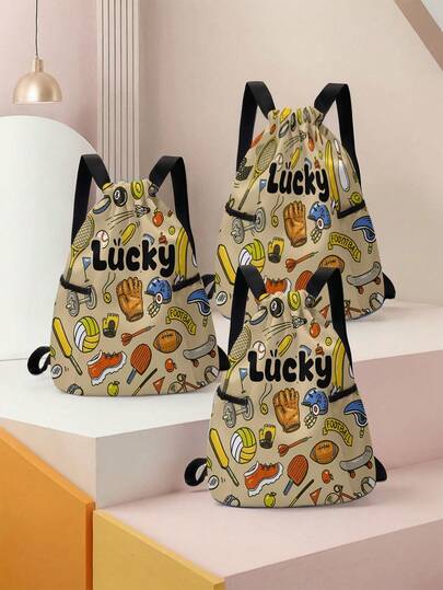1pc Customized Name & Cartoon Football/Soccer Pattern Drawstring Backpack With Pockets, Great Back To School Gift For Children & Teens, Can Customize With Your Own Or Friend/Sibling's Name