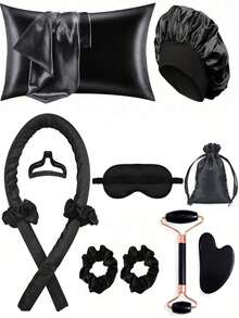 12/10 件套，颜色包括粉色、黑色、紫色和米色，包含睡眠美发造型工具套装、卷发棒和面膜涂抹器、1 个真丝枕套、大容量护发护肤套装、真丝防卷发套装、夜间卷发棒、1 个柔软眼罩、1 个双头滚轮按摩器、卷发棒、卷发梳、卷发棒、卷发产品、卷发工具、美发沙龙产品和配件 - 彩色 - 查看 17