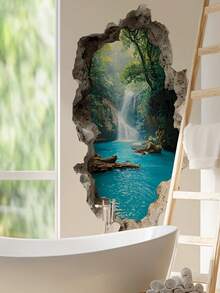 1pc Creative Distressed Valley Waterfall Landscape Wall Sticker - Removable Glossy Plastic Sticker, Suitable For Classrooms, Bedrooms, Offices, Living Room Decoration - Multi-Surface Home And Commercial Wall Art, Landscape Murals, Classroom Decoration. - Multicolor - View 7