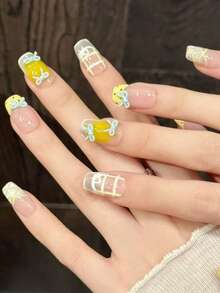 10 miếng dán móng tay hình chữ nhật dài vừa phải, làm thủ công, màu vàng và xanh dương, lấp lánh, mềm mại và dễ thương, phù hợp cho phụ nữ và bé gái, dùng được quanh năm, thích hợp cho các dịp lễ và sử dụng hàng ngày. - Màu vàng - Xem 3