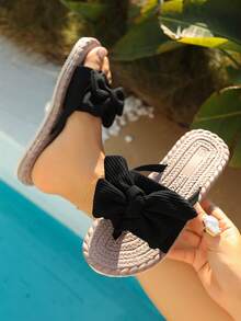 女士时尚轻便平底人字拖，手工蝴蝶结套脚平底凉鞋，休闲通勤度假沙滩鞋，春夏款 - 黑色 - 查看 7