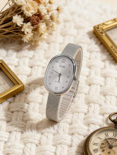 1pc Vintage Oval Women's Watch, Silver Mesh Strap With Rhinestones Quartz Watch, Niche Luxury Ladies Wristwatch, Suitable For Daily Wear Or Gift Giving For Occasions Like Christmas, Valentine's Day, Ramadan, Eid, Carnival, Chinese New Year