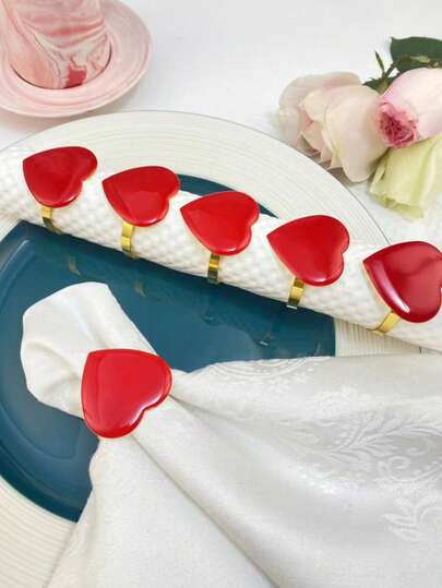 6 piezas, Anillos para servilletas del Día de San Valentín, decoraciones en forma de corazón rojo, ornamentos de mesa, anillos para servilletas, regalos festivos, decoraciones de mesa para fiestas, anillo de servilleta blanco. Decoración de anillo de servilleta para bodas