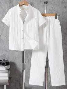 Boys' Shirt Set, Summer Double-Layer Plaid Short Sleeve Pocket Pants, Casual Collared Shirt Set, Suitable For 8-12 Years Old Casual Occasions - 白色 - 查看 1