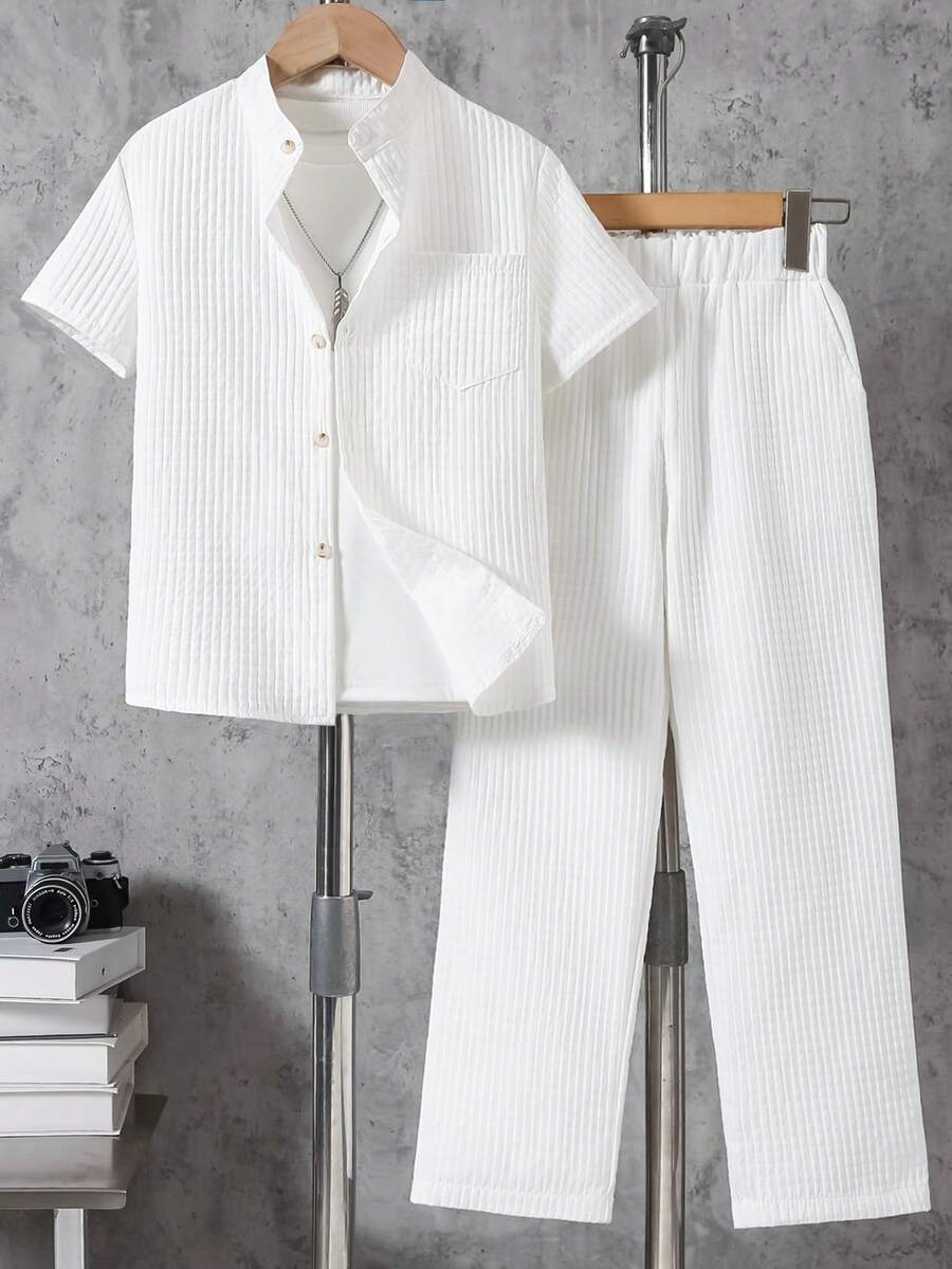 Boys' Shirt Set, Summer Double-Layer Plaid Short Sleeve Pocket Pants, Casual Collared Shirt Set, Suitable For 8-12 Years Old Casual Occasions - 白色 - 查看 1