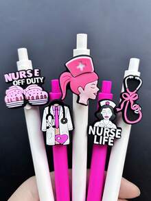 5/10支装粉色系列护士笔，护士主题按动式圆珠笔，适合作为医生、护士、医务助理和学生礼物，护士节礼物，医用笔套装，随机款式 - 黑色 - 查看 4