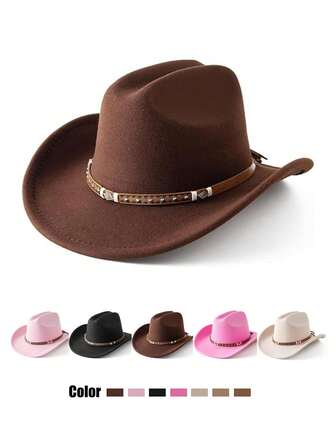 1pc Back To School Western Cowboy Hat, Unisex, Soft Wool Felt Material, Leather Strap Cowboy Hat, Suitable For Christmas, Halloween, Holiday Parties, Casual Everyday Wear