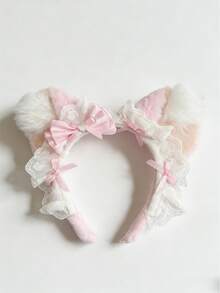 1pc Cute Furry Cat Ear Headband With Bow Tie For Women, Pink - Multicolor - View 4