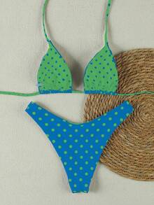 Bộ bikini hai mảnh buộc cổ họa tiết chấm bi xanh dương và xanh lá cây, gợi cảm và ngọt ngào, thích hợp cho kỳ nghỉ hè/thuyền của nữ, hàng mới về. - Nhiều màu - Xem 4
