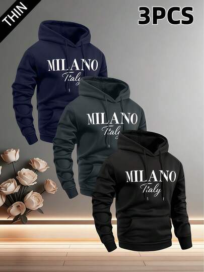 男士连帽长袖套头卫衣三件套，修身版型，印有意大利米兰图案。适合多种场合：日常休闲穿着、通勤、城市旅行或短途度假，以及与家人朋友聚会。也是送给男友或丈夫的绝佳礼物。