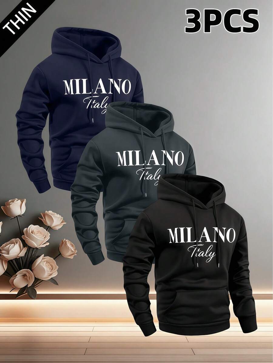 男士连帽长袖套头卫衣三件套，修身版型，印有意大利米兰图案。适合多种场合：日常休闲穿着、通勤、城市旅行或短途度假，以及与家人朋友聚会。也是送给男友或丈夫的绝佳礼物。