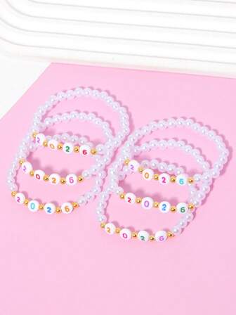 6pcs/Set Cute 2026 Pearl Beaded Bracelet, Wristband, Bangle Jewelry Set, Suitable For Girls Daily, Festival, Birthday, Party Wear, Random Digit & Color