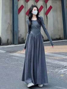 New For Early Fall: Women's French Hepburn Black Long Dress: Long Sleeves For Cold Protection, A-Line Figure-Shaping, High Waist For Longer Legs, Elegant For Commuting, Korean-Inspired Details, Can Be Worn Inside Or On Its Own, A Simple Black Fall Staple - 黑色 - 查看 8