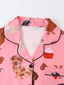 3 piezas Conjunto de ropa de dormir para mujer, camisa de manga corta, pantalones cortos y pantalones, bata con botones, ropa de estar por casa casual con estampado de perro salchicha, cómoda y holgada, adecuada para todas las estaciones, ideal para regalar - Rosa - Ver 3