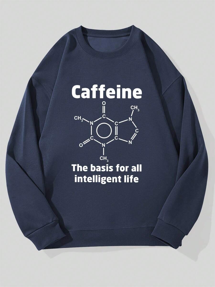 Sudadera casual de cuello redondo con patrón básico de vida inteligente para hombres con cafeína - Azul Marino - Ver 1