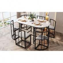 Six-Chair Dining Table Set: (White Table, Chairs With Backrests And Grey Cushions, Black Iron Frame), Dining Table And Chair Set, Modern Dining Table Combination (Previous Sku: 308399408AAS) - Black and White - View 3