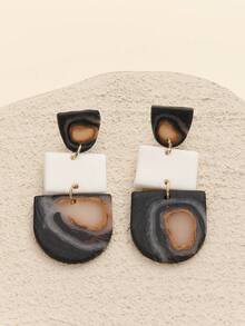 1 Pair Fashion Retro Premium Polymer Clay And Metal Drop Earrings With Marbled Agate Texture Gilding Detail Asymmetrical Geometric Shape Decor Dangle Earrings For Young Females Weekend Hangout Art Exhibition Wear And Retro Luxury Style Enthusiasts Party Daily Accessories - Multicolored Gilded Pottery - View 15
