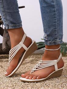 女士时尚圆头手工串珠波西米亚坡跟凉鞋 - 白色 - 查看 1