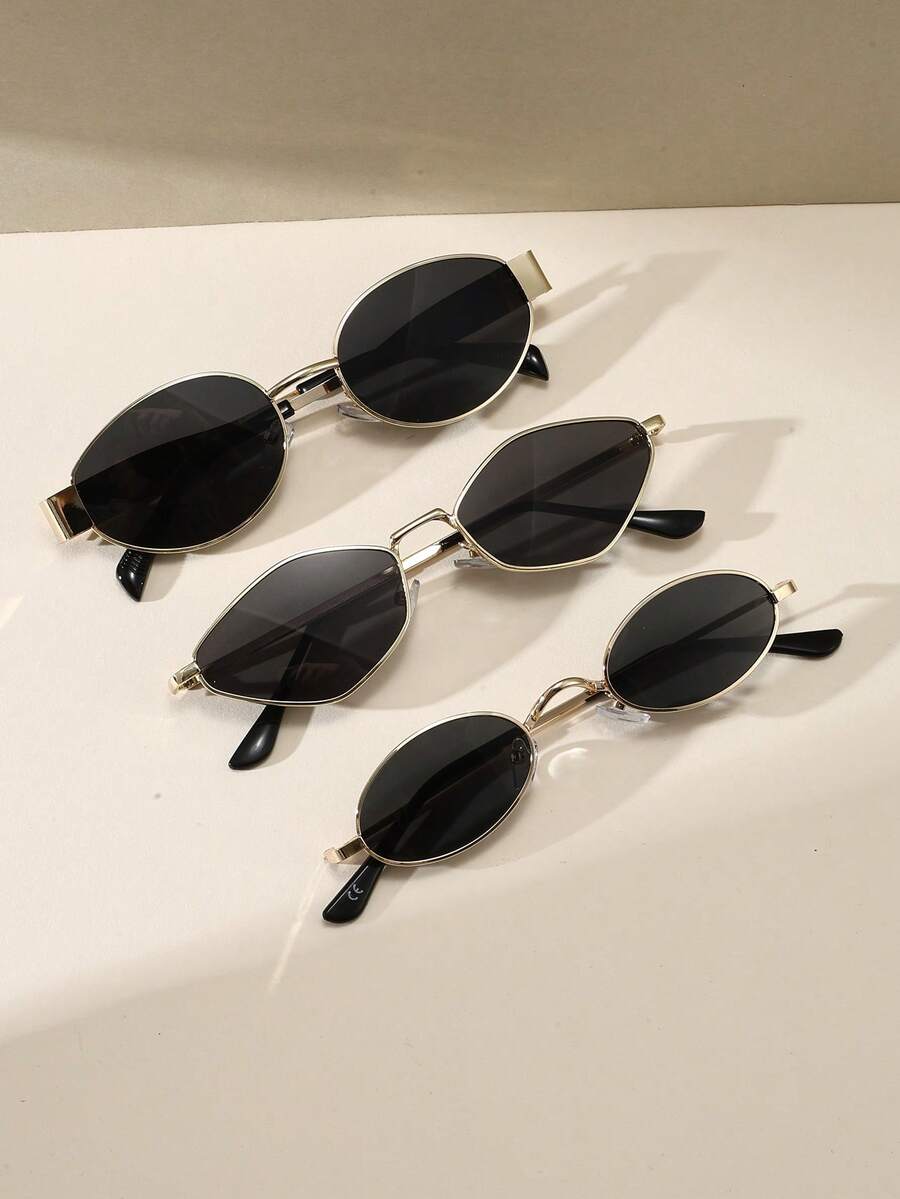 3 Pairs Unisex Diamond Oval Metal Frame Sunglasses, Retro Geometric Fashion Eyewear, Suitable For Women And Men, Ideal For Driving And Beach Vacation - Black - View 1
