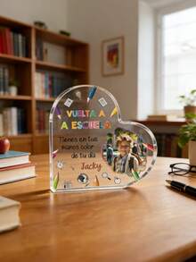 1pc Custom 2D Flat Acrylic Heart Collectible Figurines Back To School - Custom Name + Photo - Gift For Teachers Or, Teacher Day Gift Item, Teacher Appreciation Gift, Back To School - Heart-Shaped Acrylic Plaque With Personalized Name And Photo - Multicolor - View 5