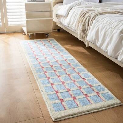 고급 인조 양모 격자 무늬 카펫 - 침실, 거실 및 욕실 장식용 두꺼운 얼룩 방지 러그, 침대 옆 카펫