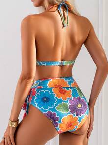 Women's Fashionable Bohemian Print Backless Tie Bikini Set, High Elasticity Fabric, Spring/Summer Swimwear - Multicolor - View 2