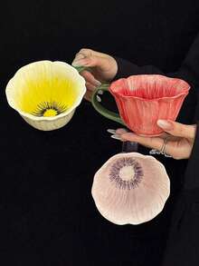 1set Ins Style High-Quality Ceramic Flower Petal Coffee Cup & Saucer Set, Hand-Painted Underglaze Relief Craftsmanship, Household Breakfast Milk Cup, Bread Plate, Office Afternoon Tea Coffee Cup, Latte Art Cup, Juice Beverage Cup, Dessert Cake Plate, Couple Water Cup, Holiday Gift Cup