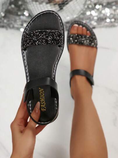 New Plus Size Women Round Toe Rhinestone Decor Simple Comfortable Flat Slide Sandals, Casual Fashionable Outdoor Vacation Beach Summer Shoes