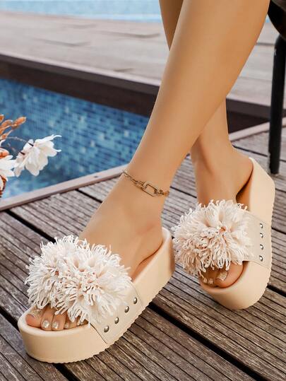 女士厚底拖鞋，时尚简约橡胶凉鞋，适合海滩、度假、夏季穿着，花卉图案，休闲百搭，室内外皆宜，大码尺码