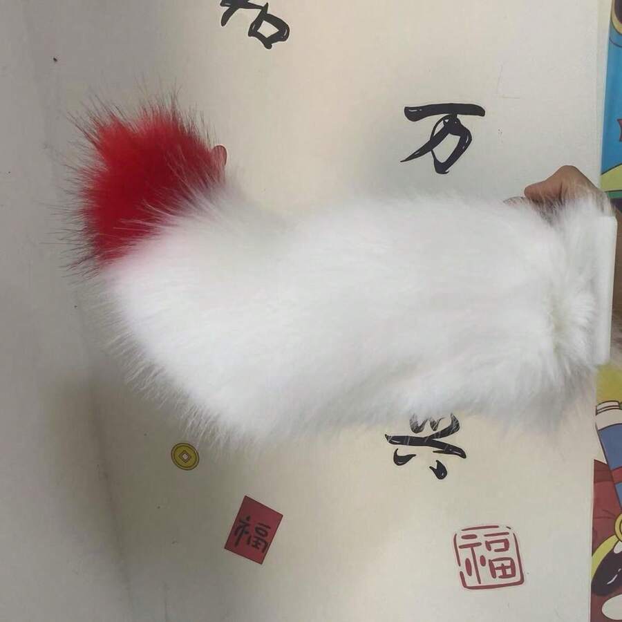 Peluca de cola eléctrica controlada por voz, estilo anime súper lindo, piel sintética para cosplay, Halloween, día de San Valentín, disfraces de carnaval, diseño divertido, material duradero, tapiz de árbol de Navidad, decoración de pared, diadema de calabaza, diadema de orejas de animal para amigos de Halloween, disfraz de cosplay - Blanco con punta roja - Ver 1