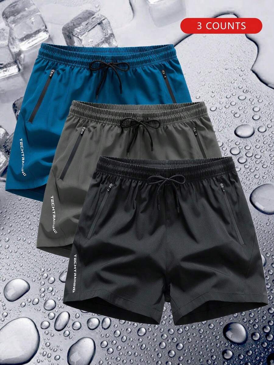 3pcs/Set Boys' Outdoor Sports Running Solid Color Breathable Comfortable Cooling Shorts, Summer - Black - View 1