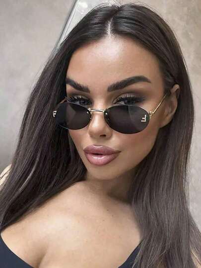 1 Pair Women's Champagne Oval Frameless Metal Leg Fashion Small Frame Glasses, Suitable For Daily Wear