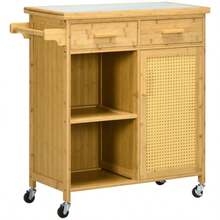 HOMCOM Kitchen Trolley With Drawer, Cupboard, Open Shelves, Towel Rack, Worktop, Natural Bamboo - Mustard Yellow - View 1