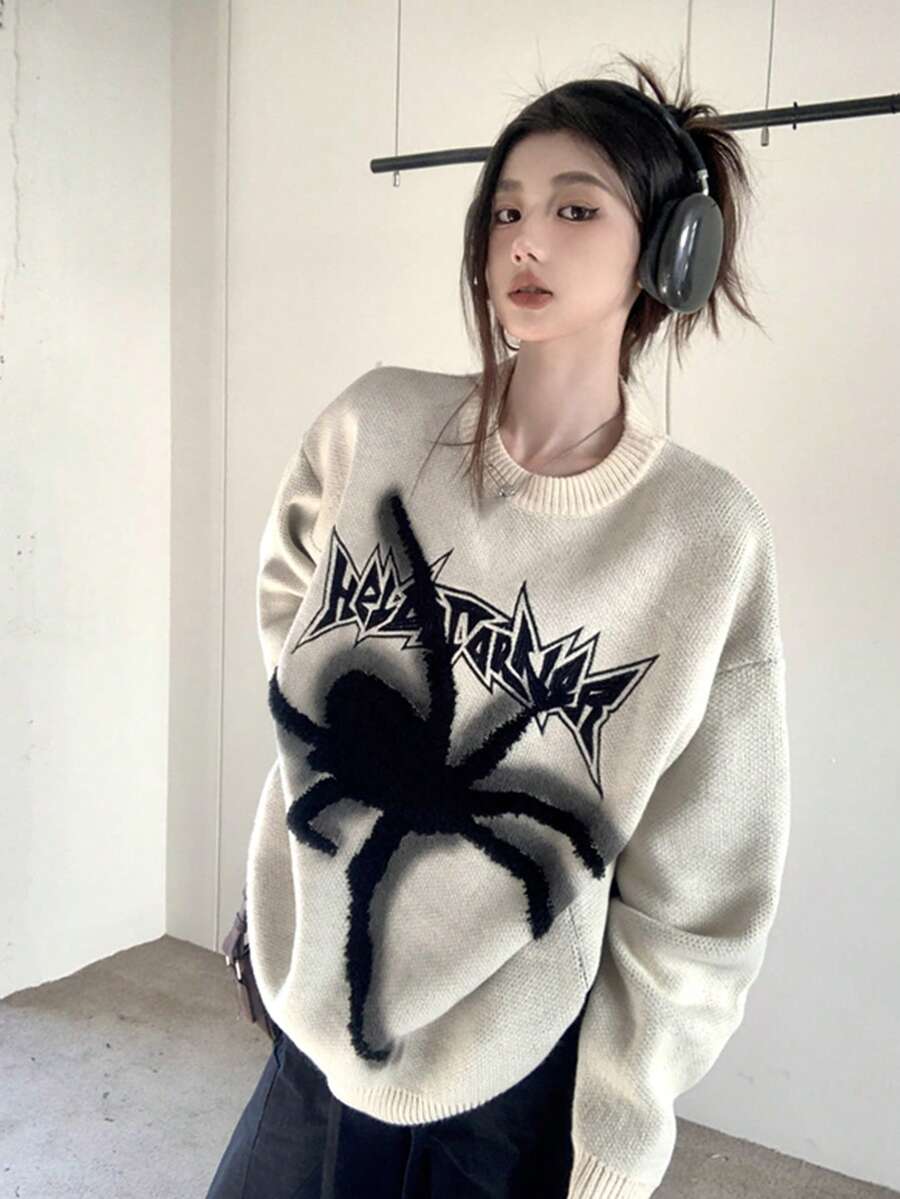 Spider Letter Pattern Loose Fit Crew Neck Long Sleeve Sweater, Autumn/Winter