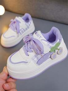 1 Pair Kids' New Fashion Soft-Sole Bow Knit Strap Cute PU Hook And Loop Outdoor Casual Versatile Flat Sneakers, Suitable For All Seasons - Purple - View 3