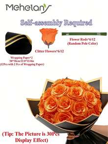 MEHELANY 12/6/1pcs Artificial Glitter Rose Bouquet With Wrapping Paper, Orange Artificial Rose, Everlasting Glitter Artificial DIY Rose Bouquet, For Anniversary, Valentine's Day, Mother's Day, Thanksgiving, Graduation, Teacher's Day, Wedding Gift, Tabletop Decor, Home, Room, Office, Kitchen Decor, Party Supplies, Birthday Gift For Girlfriend, Mom, Ladies - Orange - View 5