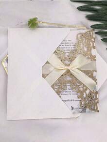 40 piezas/10 sets Invitaciones de boda con forma de rosa hueca dorada con brillo, con sobres y tarjetas de respuesta, adecuadas para bodas, despedidas de soltera, fiestas de compromiso, banquetes, tamaño de invitación 5*7 pulgadas, incluye cinta de satén anudada previamente - Multicolor - Ver 11