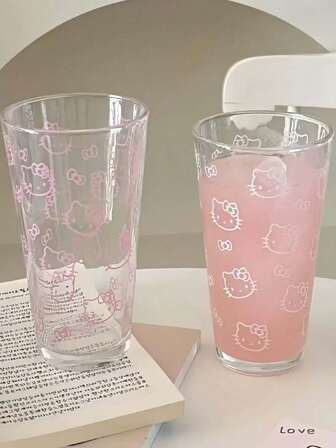 3-In-1 Hello Kitty Summer Transparent Pink Water Bottle With Straw Lid, Glass Cup, Tea Cup, Coffee Cup, Milk Cup 400ml