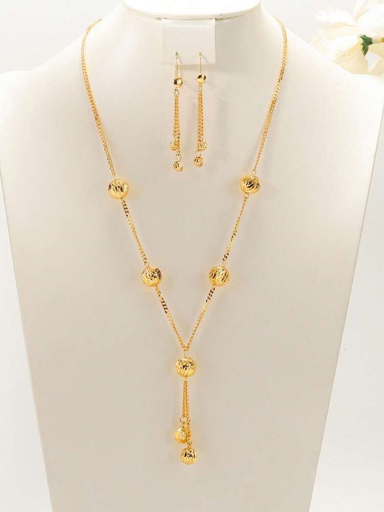 3pcs/Set Minimalist Tassel Pendant Necklace & Earrings Set, Copper Material, Luxury Party & Wedding Dress Accessories For Women - Yellow Gold - View 1