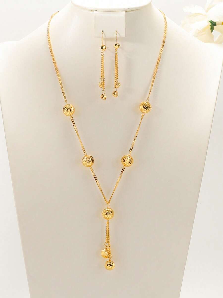 3件套简约流苏吊坠项链耳环套装，铜质，女士奢华派对及婚礼礼服配饰 - 金黃色 - 查看 1