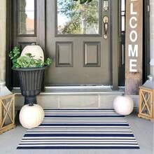 IOHOUZE Navy And White Striped Rug 2'x3' Front Door Rugs, Small Washable Area Rug For Front Porch, Spring Summer Doormats Outdoor Indoor, Cotton Rugs For Entryway Porch Entrance,One-Size,NavyandWhiteStripe2x3Rectangular - NavyandWhiteStripe2x3Rectangular - View 1